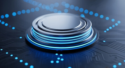 Precision layers of light reflect on circular design with circuit board texture, creating a