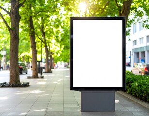 Blank advertising board on sidewalk with trees
