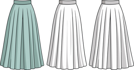 Pleated skirt illustration, high waist design, vertical pleats, light green skirt, white skirt, fashion sketch, garment layout, clothing concept