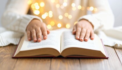 A young reader enjoying a storybook in a cozy, festive atmosphere