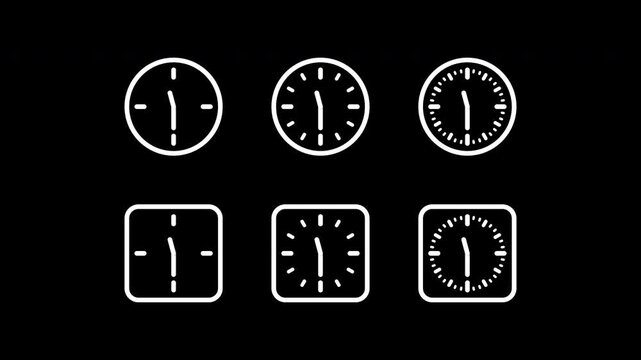 Round and square clock moving forward around once motion graphic with alpha channel. Analog clock with clock hands icon animated on transparent background. Clockwise.