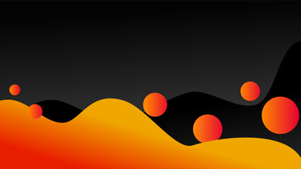 Flowing reddush orange wave and spheres over dark grey black gradient background