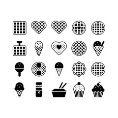 Sweet Treats and Waffle Delights An Array of Black and White Dessert Icons on a White Background