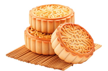 Three round traditional mooncakes with intricate patterns placed on a bamboo mat, typical for Mid-Autumn Festival celebrations.