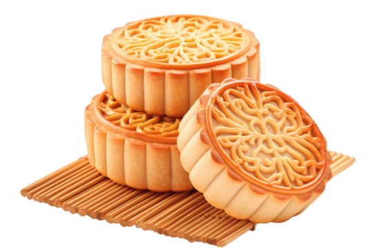 Three round traditional mooncakes with intricate patterns placed on a bamboo mat, typical for Mid-Autumn Festival celebrations.