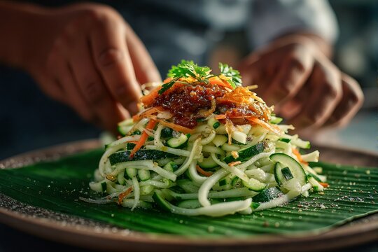 Karedok, Indonesian vegetable salad on plate surrounded by fresh vegetables. Concept of Karedok showcases vibrant, healthy flavors in culinary art of Indonesia.