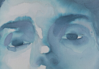 Watercolor artwork capturing a close-up of a contemplative face in shades of blue