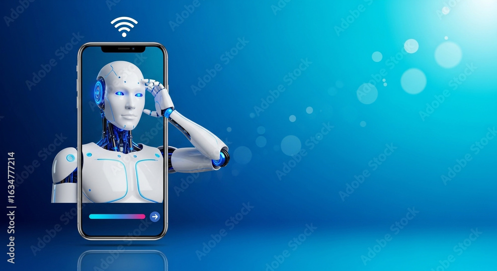 Poster futuristic humanoid robot appears on a smartphone screen with wireless connectivity, symbolizing adv