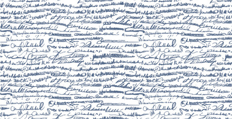 Seamless blue pattern of abstract illegible handwritten text. Vintage grunge bad calligraphy script, old book document. Vector illustration of monochrome unreadable handwriting cursive poetry 
