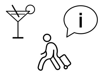Travel Icons Set – Tourist, Luggage, Cocktail & Info Symbol Vector