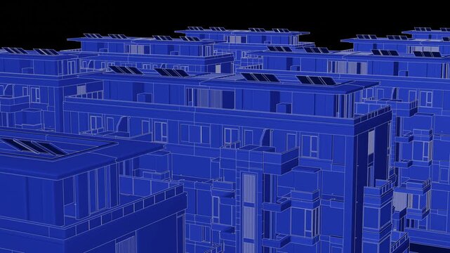 Animation of a Generic Apartment Building with solar panels on top, Seamless Looped Animation, 3D Blueprint Linework rendering