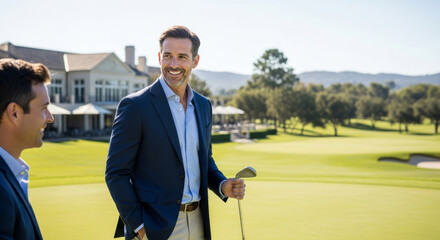 Successful businessmen in elegant suits enjoying golf at upscale country club. Professional networking and corporate leisure lifestyle at prestigious golf course.