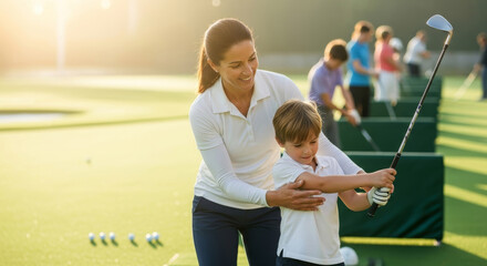 Loving mother helps young boy learn proper golf swing technique at driving range. Warm golden hour lighting captures family bonding through sport and outdoor recreation.