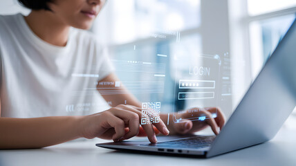 Woman's hands engaging with a futuristic holographic interface displaying login credentials and QR code on a laptop keyboard