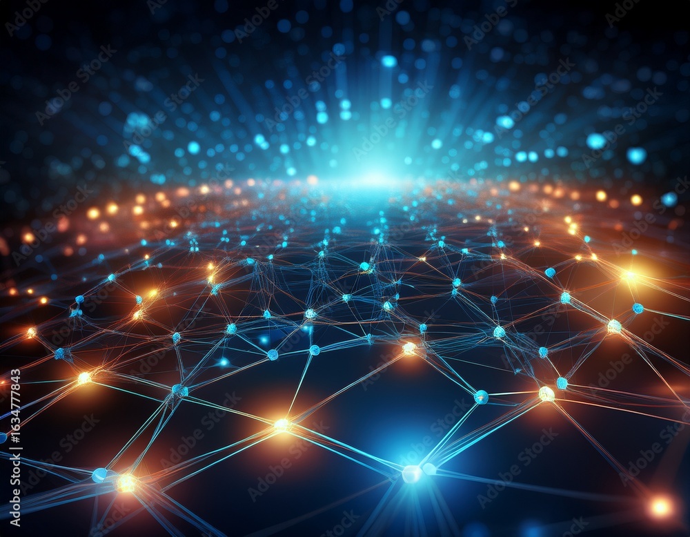 Poster 3d network mesh concept with bright lights in dark background