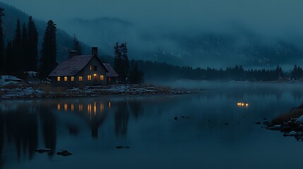 Obraz premium Lakeside cabin bathed in the warm glow of evening light.