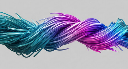 An abstract closeup of intertwined strands of material in vibrant shades of teal, blue, purple, and pink, creating a dynamic and textured visual