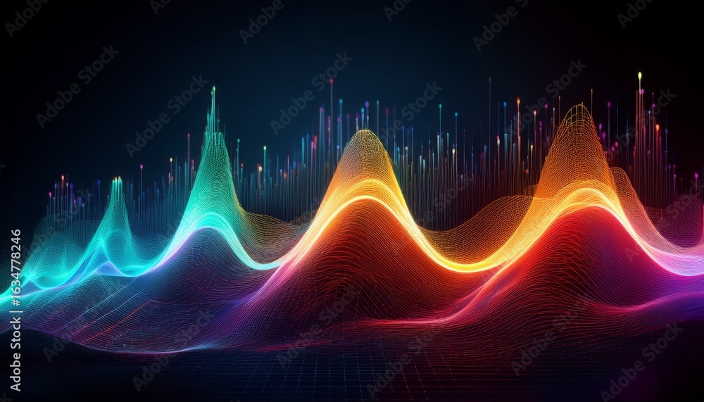 Poster colorful dynamic graph of sine wave fluctuation on a dark background