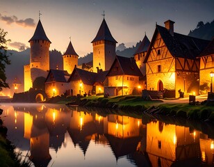 Illuminated medieval castle complex reflected in calm water at twilight