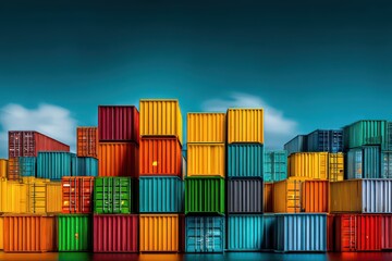 Fototapeta premium Vibrant arrangement of colorful shipping containers at a bustling port under a bright blue sky