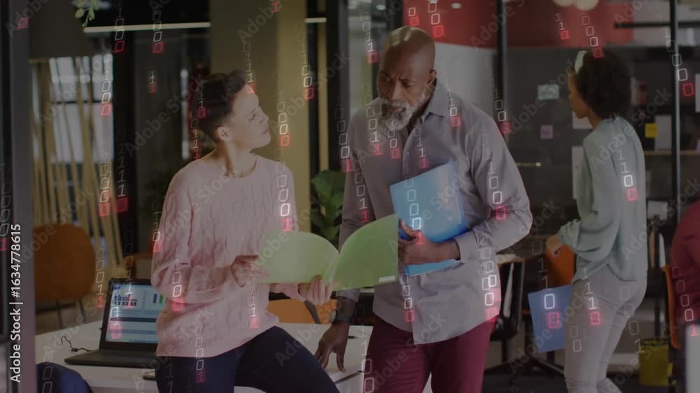Aufkleber woman flipping folder launching binary data streams and man pointing at laptop for business review