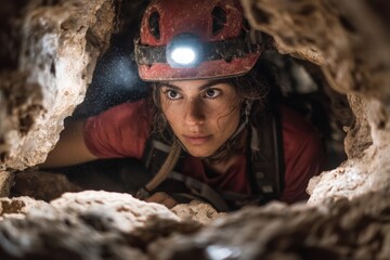 A person with a headlamp navigates through narrow rock formations inside a cave, showcasing determination and focus in a challenging natural landscape