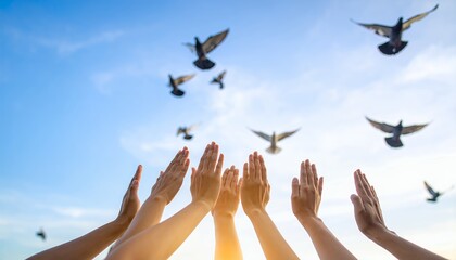 Obraz premium Hands Releasing a Flock of Birds into the Bright Blue Sky at Sunset