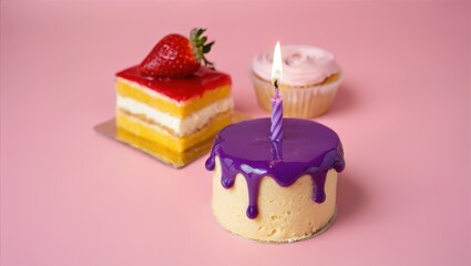 Small birthday cake with purple icing and candle on pink background