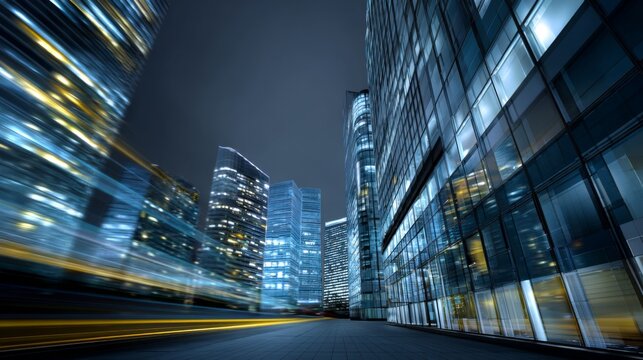 Modern glass skyscrapers illuminate a city night with dynamic blue and yellow light trails