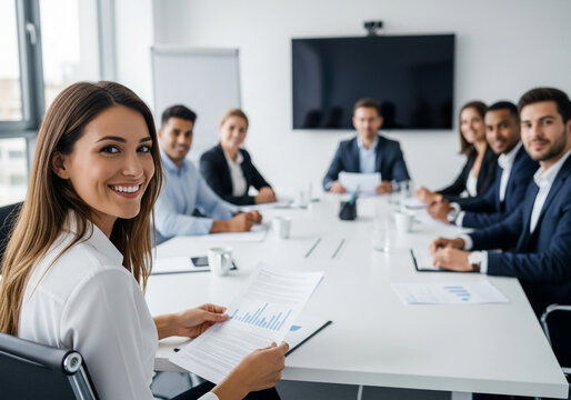 A diverse group of professionals in a modern office setting, engaged in a business meeting around a conference table, with a woman in the foreground smiling at the camera - Powered by Adobe
