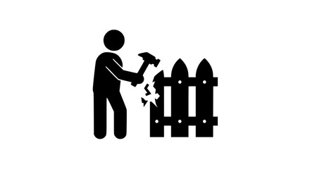 A person breaks a fence black and white