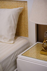 Luxury Hotel Room Featuring Plush Bed, Ambient Lighting, and Elegant Interior Design