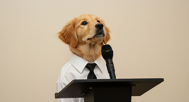 Comedic scene of a golden retriever puppy in a shirt and tie speaking into a microphone, perfect for corporate humor.