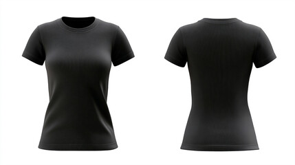 Black t-shirt mock-up template with both sides of shirt in view. 3D t-shirt mock-up designed with smooth lines and shoulder cuts. Polished mockup with smart folds