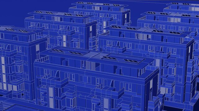 Animation of a Generic Apartment Building with solar panels on top, Seamless Looped Animation, 3D Blueprint Linework rendering