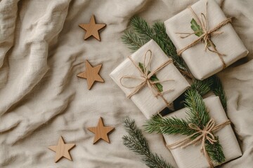 Three Christmas presents are wrapped in white paper and string