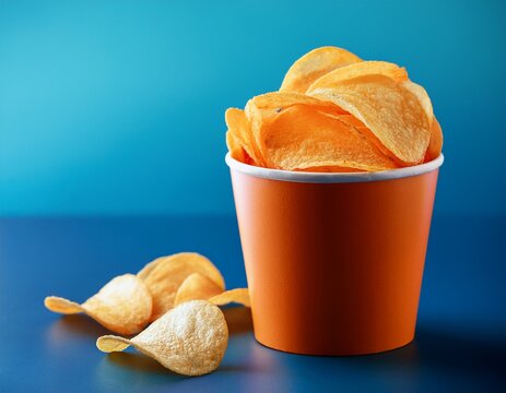 crispy potato chips in orange paper cup with blue background for snack and food advertising concept - Powered by Adobe
