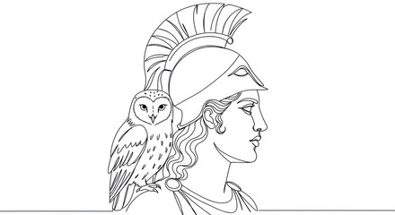 Naklejka premium Line art of a woman in a helmet with an owl on her shoulder
