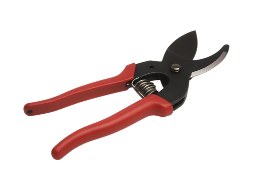 Sharp gardening secateurs with red handles isolated on a transparent background pruning