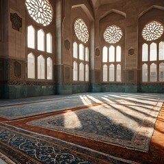 Obraz premium Elegant Empty Mosque Interior with Arched Windows – Golden Hour Lighting
