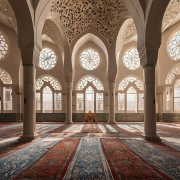Serene Mosque Interior with Clean Prayer Mats and Symmetrical Arched Windows &ndash; Soft Light