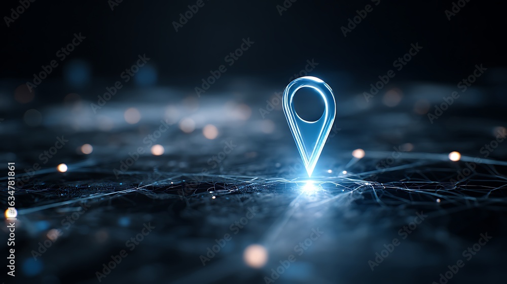 Poster glowing location pin: futuristic navigation concept for digital maps and gps technology