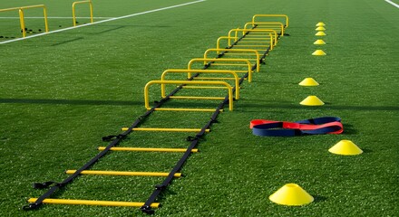 Vibrant Agility Training Course with Yellow Hurdles and Ladder on Green Turf.