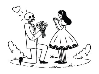 Skeleton Proposes with Flowers