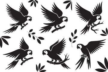 Obraz premium A striking series of graphic vector illustrations featuring macaw parrot silhouettes in flying and perching poses