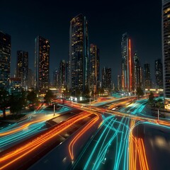 Fototapeta premium Futuristic city at night with light trails symbolizing technological advancement
