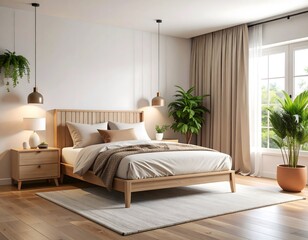 Modern minimalist bedroom with light wood furniture, plants, and natural light.