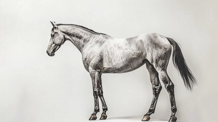 A grey horse stands elegantly, highlighting its well-defined physique and calm demeanor