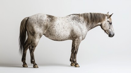 A grey horse with a speckled coat stands quietly, gazing down. Its posture is relaxed and graceful