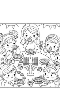 kids eating donuts around menorah clip art preview